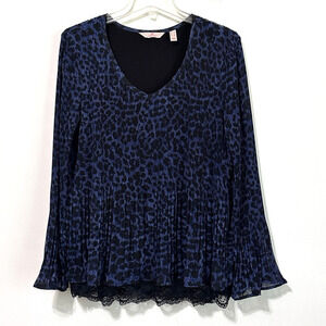 Laurie Felt Pleated Leopard Top L Blue Popover Layer V Neck Long Sleeve Party